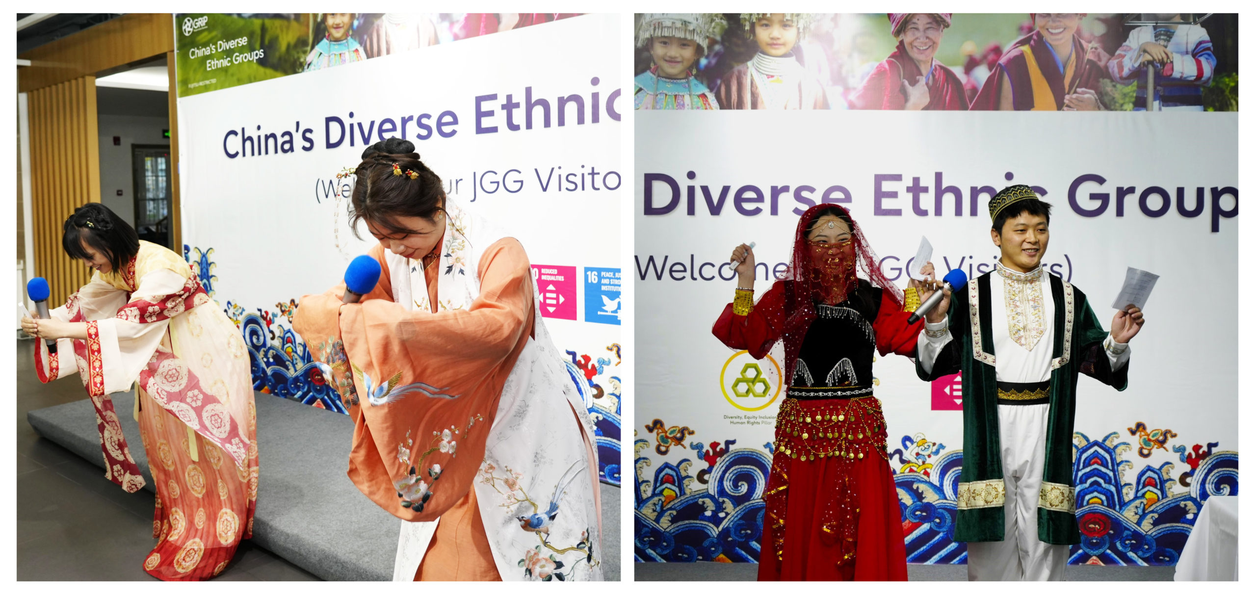 Four people wearing traditional customs showcasing the diversity of ethnic groups in China 